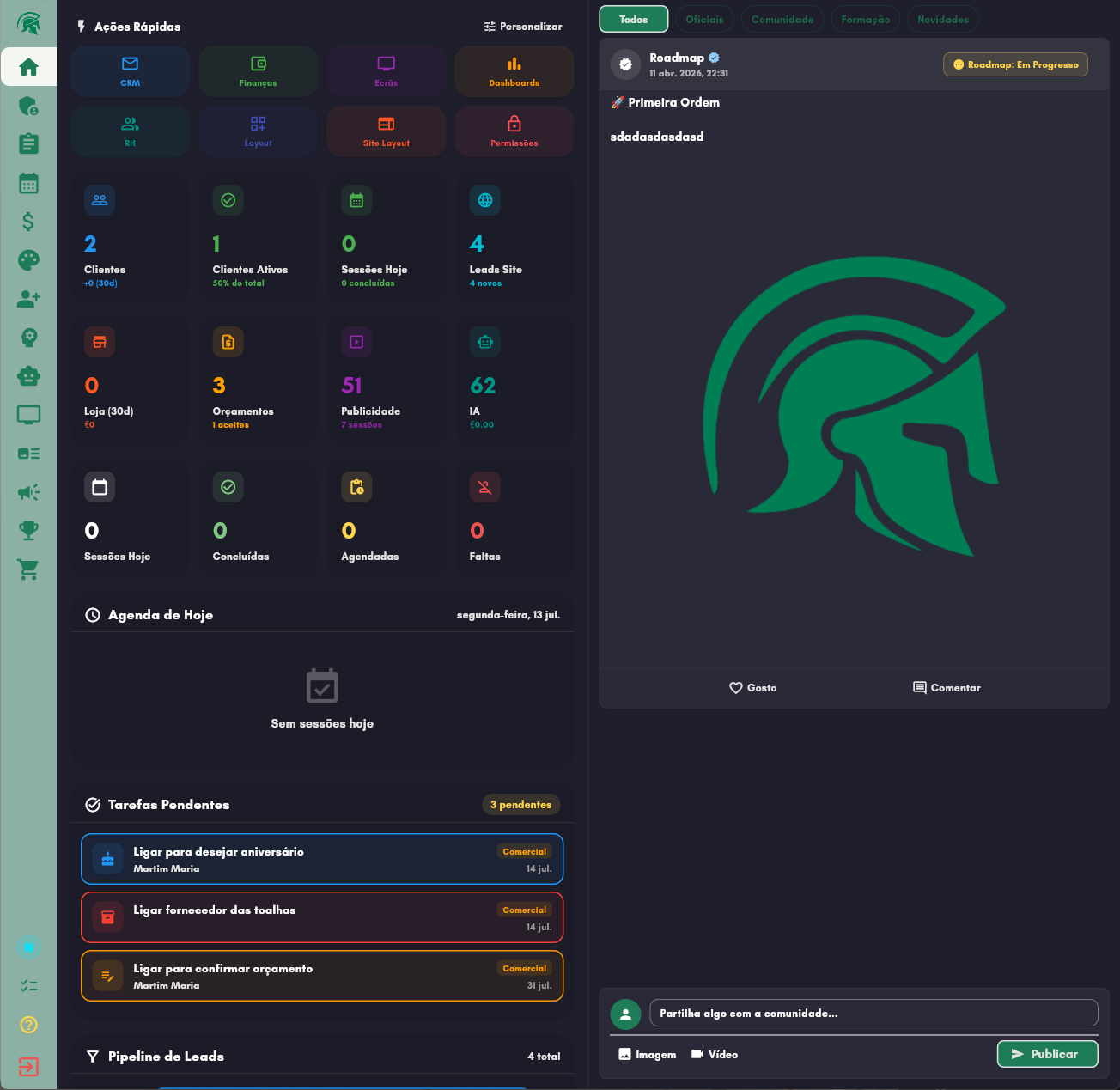 Dashboard de gestão (tema escuro)